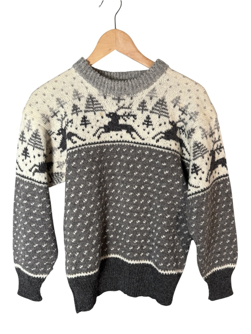 Vintage 100% Wool Grey White Fair Isle Sweater Nordic S